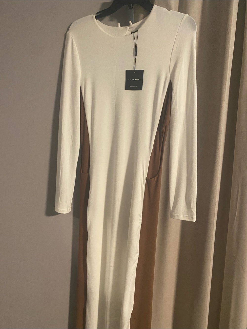 JLUXLABEL Cream & Brown Long Sleeve Panel Midi Dress